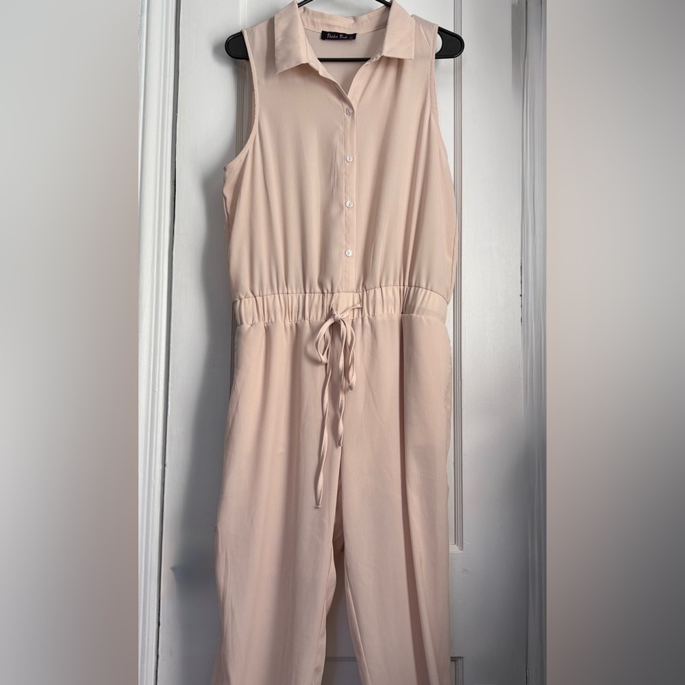 Blush Pink Sleeveless Button-Front Jumpsuit Pockets Drawstring Waist,Sz: Large